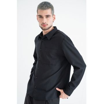 Camasa din amestec de matase si lana cu buzunar pe piept - Negru
