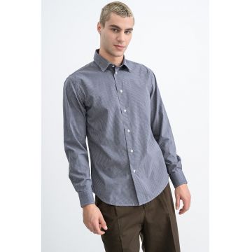 Camasa din bumbac cu model in carouri - Albastru prafuit/Bleumarin