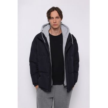 Geaca cu guler inalt si model uni - Albastru ultramarin/Gri deschis melange