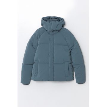 Geaca matlasata cu gluga si model uni - Albastru petrol