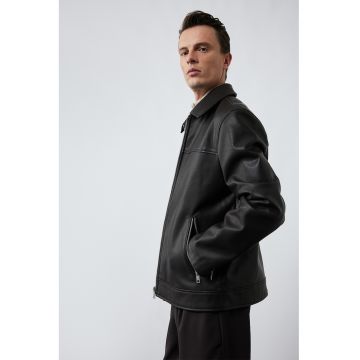 Jacheta de piele ecologica cu buzunare cu fermoar - Negru stins