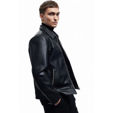 Jacheta de piele ecologica cu buzunare cu fermoar - Negru