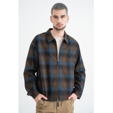 Jacheta din amestec de lana cu model in carouri - Maro inchis/Negru/Bleumarin