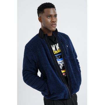 Jacheta din material teddy cu guler mediu - Negru/Bleumarin