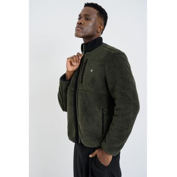 Jacheta din material teddy cu guler mediu - Negru/Kaki inchis