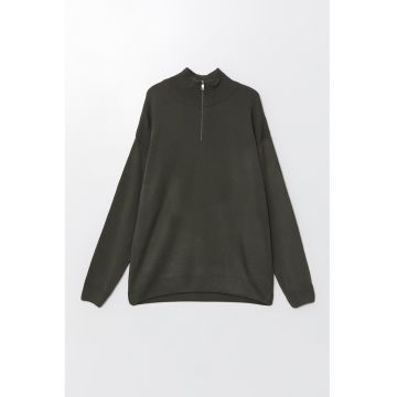 Pulover cu fenta cu fermoar si maneci cazute - Gri inchis