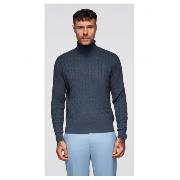 Pulover cu guler inalt si model tricotat  OM-SWTN-0157 - Albastru inchis