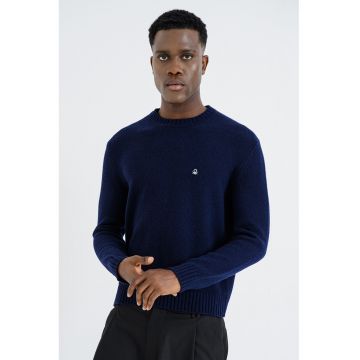 Pulover din amestec de lana cu decolteu la baza gatului - Albastru ultramarin