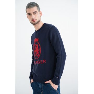 Pulover din bumbac organic cu logo - Rosu/Bleumarin