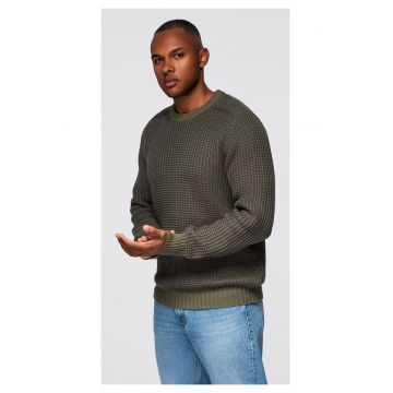 Pulover din tricot contrastant cu decolteu rotund  OM-SWSW-0122 - Verde inchis