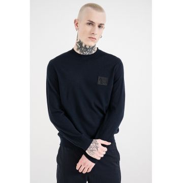 Pulover slim fit din amestec de lana cu aplicatie logo - Albastru ultramarin
