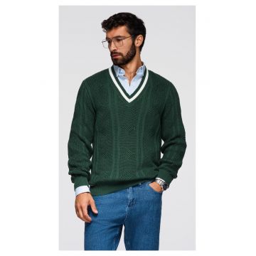 Pulover tricotat cu guler in V  OM-SWSW-0151 - Verde inchis