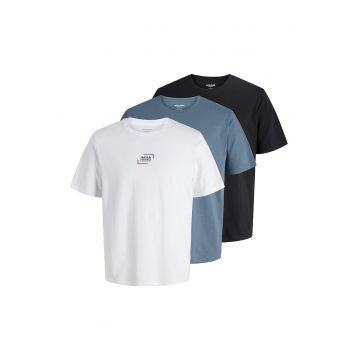 Set de tricouri de bumbac organic cu decolteu la baza gatului - 3 piese - Alb/Albastru prafuit/Bleumarin