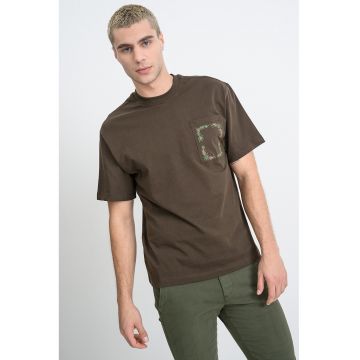 Tricou din bumbac cu buzunar pe partea din fata - Verde pal/Maro inchis