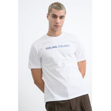 Tricou din bumbac cu design text - Alb/Albastru lavanda/Bleumarin