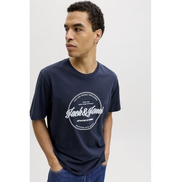 Tricou din bumbac organic cu decolteu la baza gatului - Bleumarin