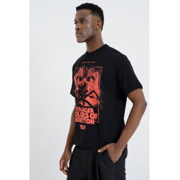 Tricou lejer cu imprimeu text frontal - Negru/Coral
