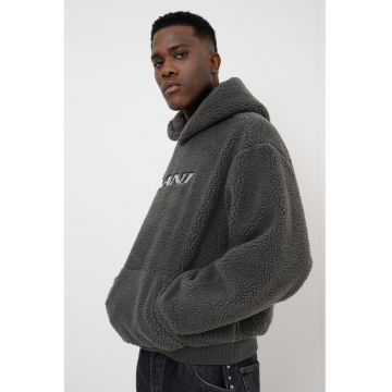 Hanorac din material teddy cu buzunar kangaroo si logo - Gri cenusiu/Argintiu