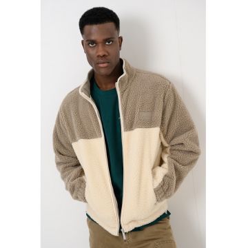 Jacheta din material teddy cu fermoar - Bej/Maro nisip