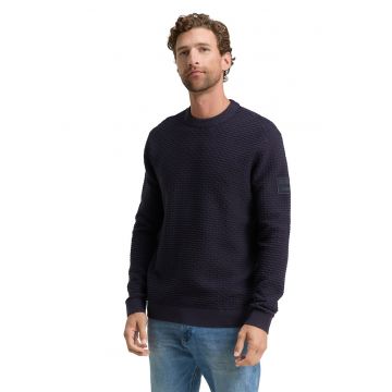 Pulover texturat cu decolteu la baza gatului - Bleumarin