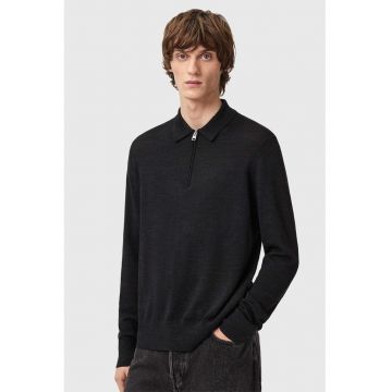 Pulover tricotat fin din lana merinos cu fermoar scurt - Negru melange