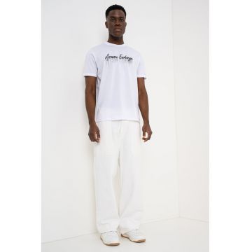 Tricou cu logo si decolteu la baza gatului - Alb optic/Negru/Argintiu