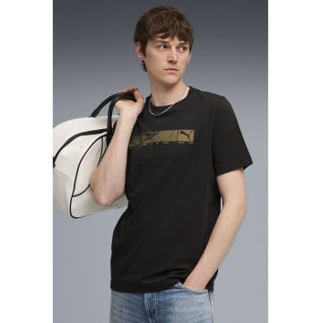 Tricou cu logo si decolteu la baza gatului - Negru/Maro