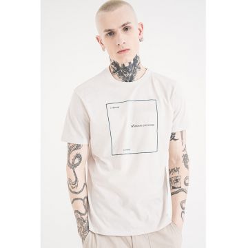 Tricou de bumbac cu decolteu la baza gatului si imprimeu logo - Gri deschis/Verde englez