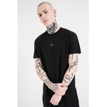 Tricou de bumbac cu decolteu la baza gatului si logo - Negru