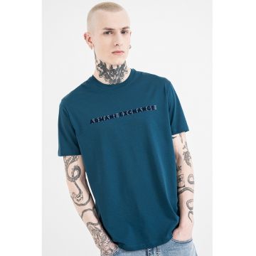 Tricou de bumbac cu model text - Alb/Albastru petrol/Bleumarin