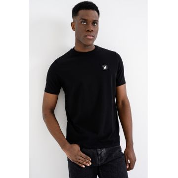 Tricou din amestec de bumbac cu decolteu la baza gatului - Negru