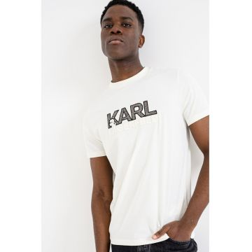 Tricou din bumbac cu logo - Alb fildes/Maro