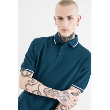 Tricou polo regular fit cu terminatie contrastanta - Alb murdar/Albastru petrol