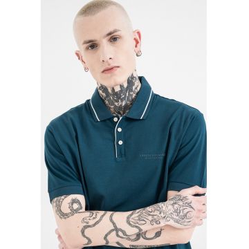 Tricou polo uni - Alb/Albastru petrol