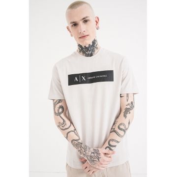 Tricou regular fit de bumbac cu logo contrastant - Gri deschis/Negru