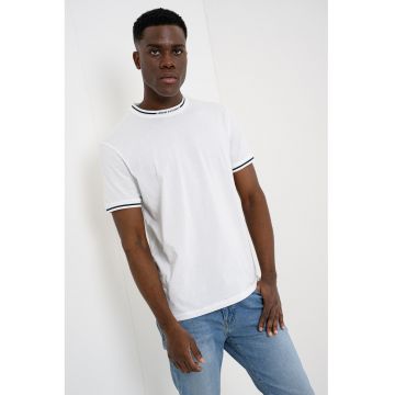 Tricou uni cu decolteu la baza gatului - Alb/Albastru petrol