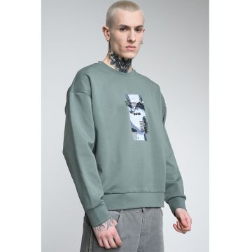 Bluza de trening cu decolteu la baza gatului si imprimeu logo - Alb/Verde feriga