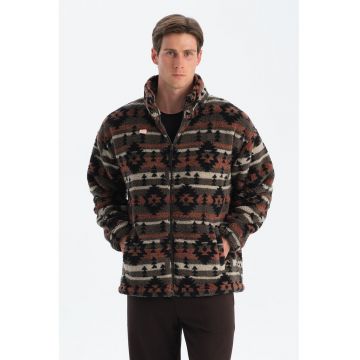 Bluza de trening din material teddy cu fermoar - Alb fildes/Negru/Maro