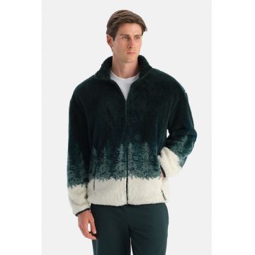 Bluza de trening din material teddy cu fermoar - Alb fildes/Verde englez