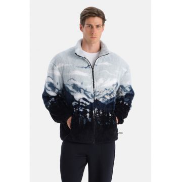 Bluza de trening din material teddy cu fermoar - Alb/Gri cenusiu/Bleumarin