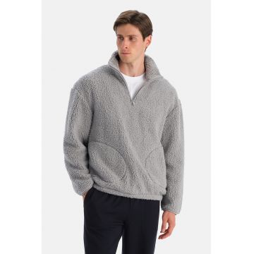 Bluza de trening din teddy cu fenta cu fermoar - Gri cenusiu