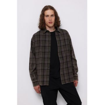 Camasa in carouri cu guler ascutit - Verde inchis/Maro deschis