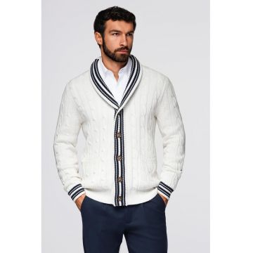 Cardigan cu nasturi si model torsade - Alb/Bleumarin