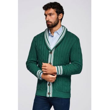 Cardigan cu nasturi si model torsade - Alb/Verde