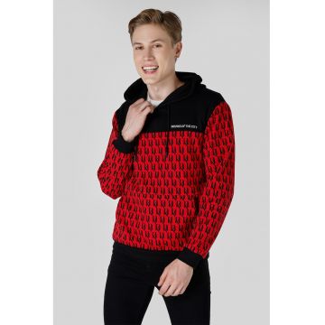 Hanorac cu imprimeu si buzunar kangaroo - Rosu/Negru