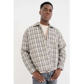 Jacheta-camasa de bumbac in carouri - Gri deschis/Alb murdar/Bej deschis