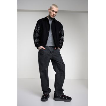 Jacheta din amestec de lana cu maneci din piele ecologica - Negru