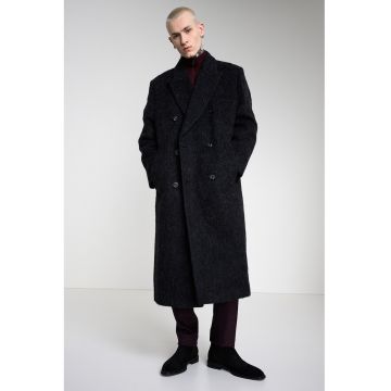 Palton din amestec de lana cu doua randuri de nasturi - Gri inchis