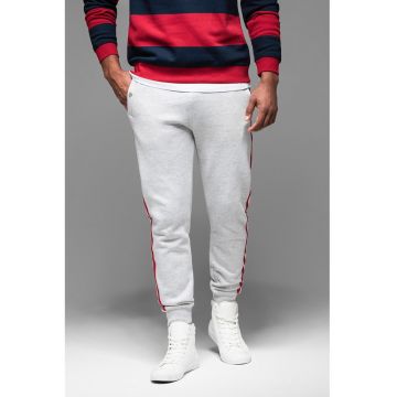 Pantaloni de trening cu croiala conica si segmente laterale contrastante - Rosu/Gri deschis melange