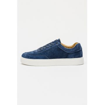 Pantofi sport low-cut de piele cu sireturi - Bleumarin